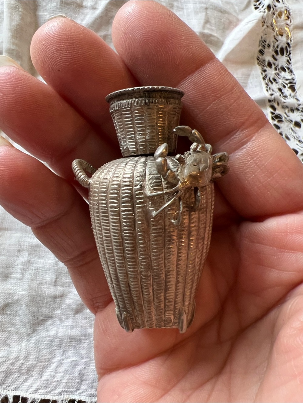 Antique Japanese Sterling Silver Lantern Basket crab Salt Shaker Meiji Period